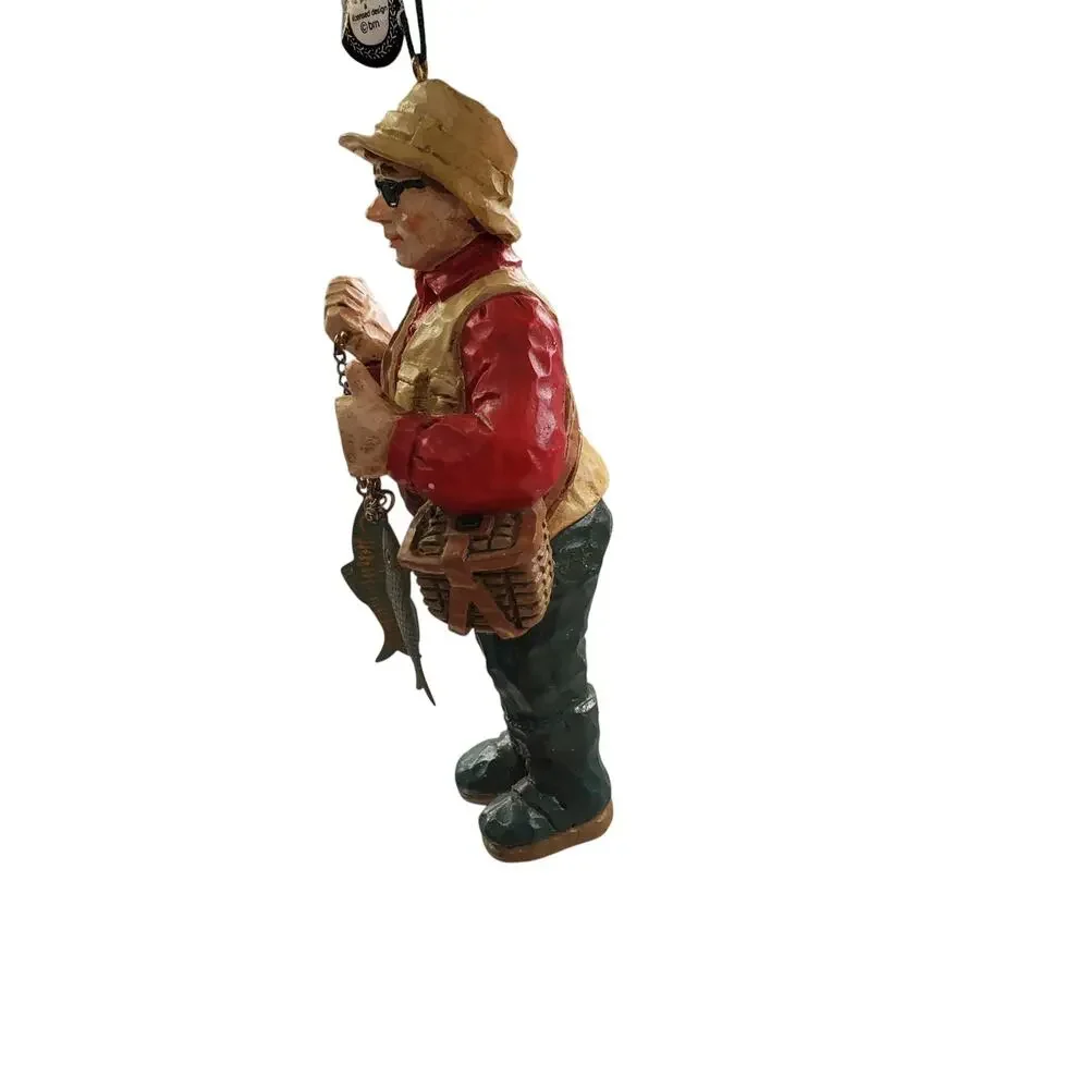 Vintage Fisherman Christmas Ornament Wood Hand Carved NEW OS Grandpa Dad
